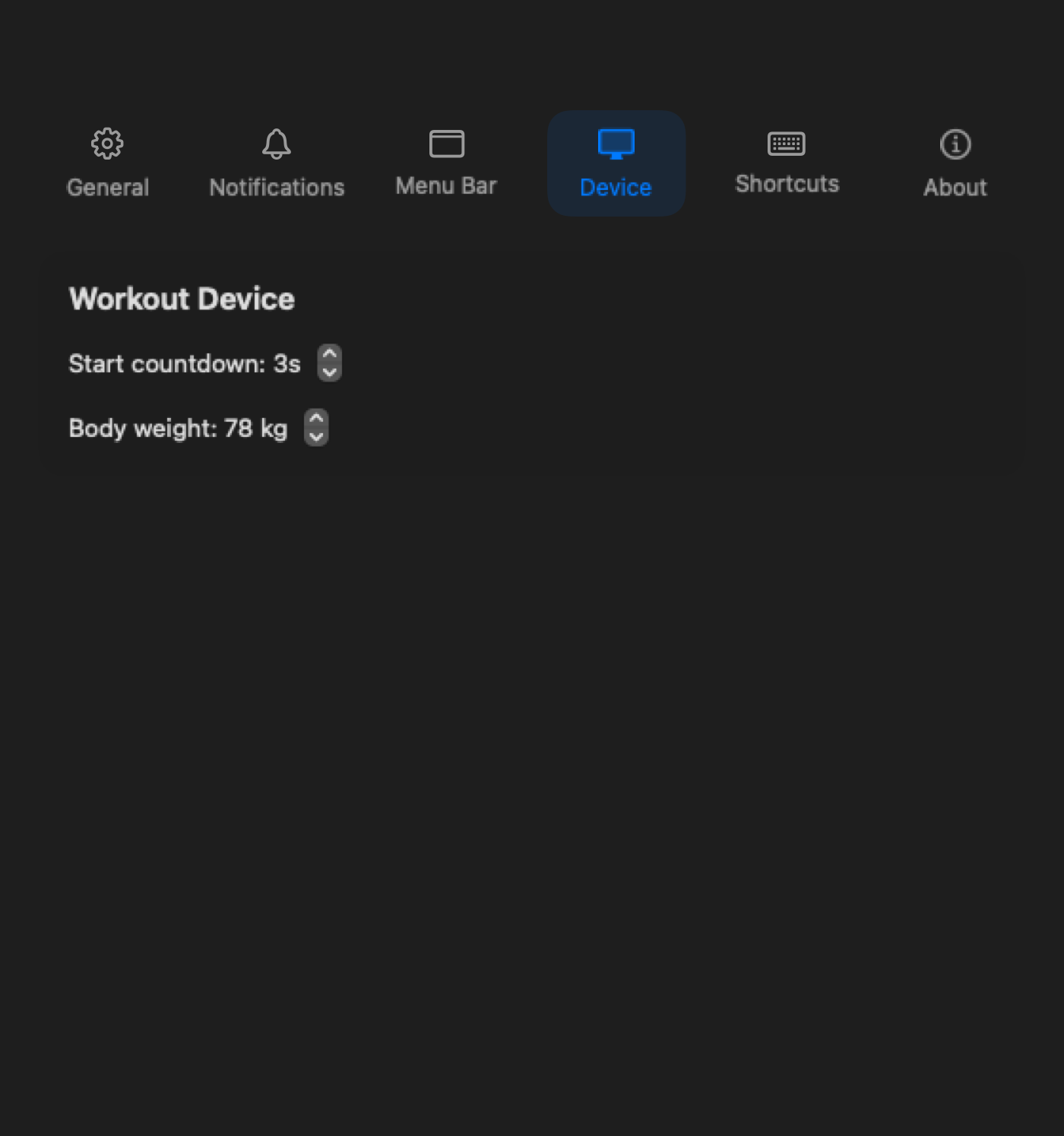 Device settings screen