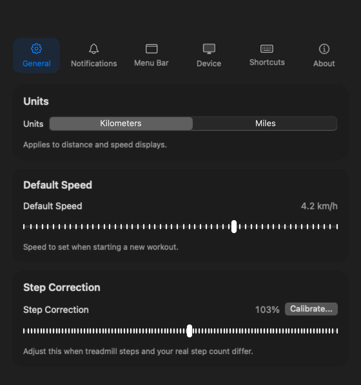 General settings screen