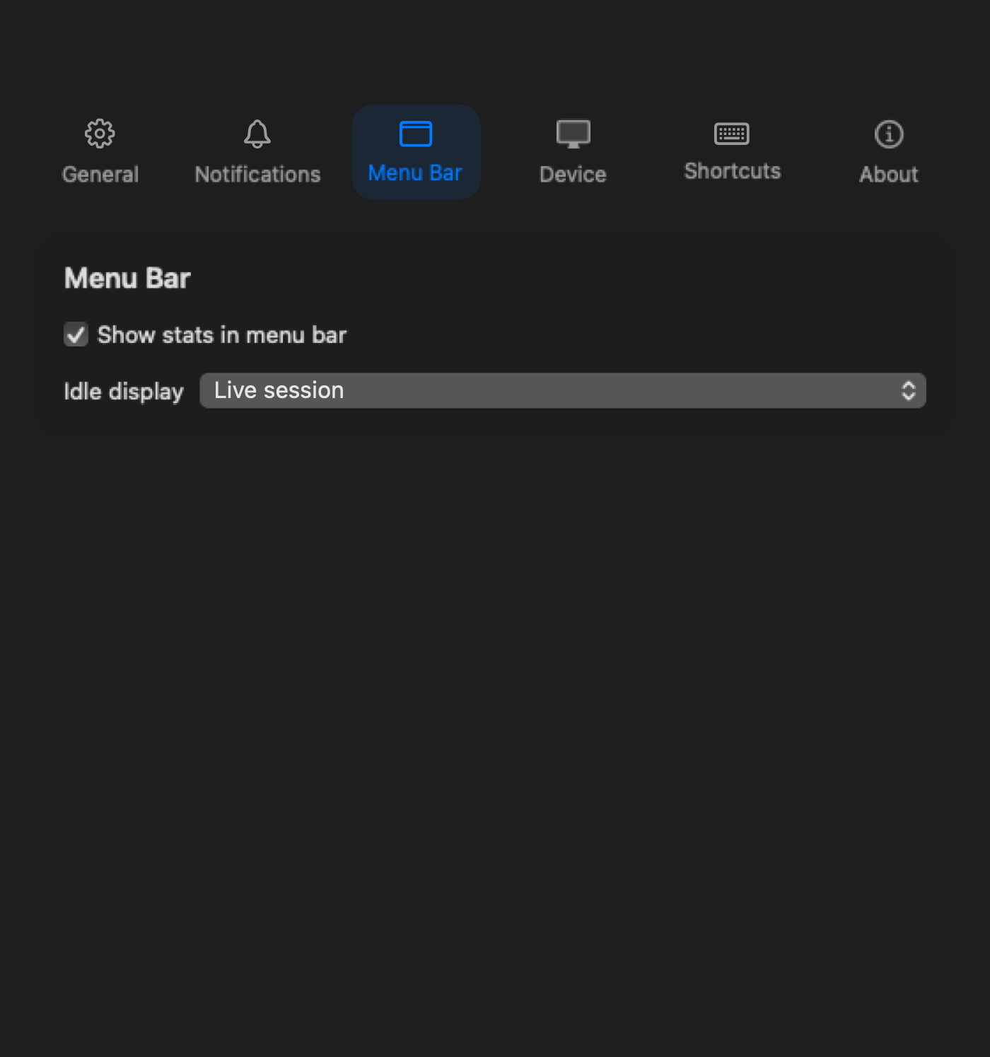Menu Bar settings screen