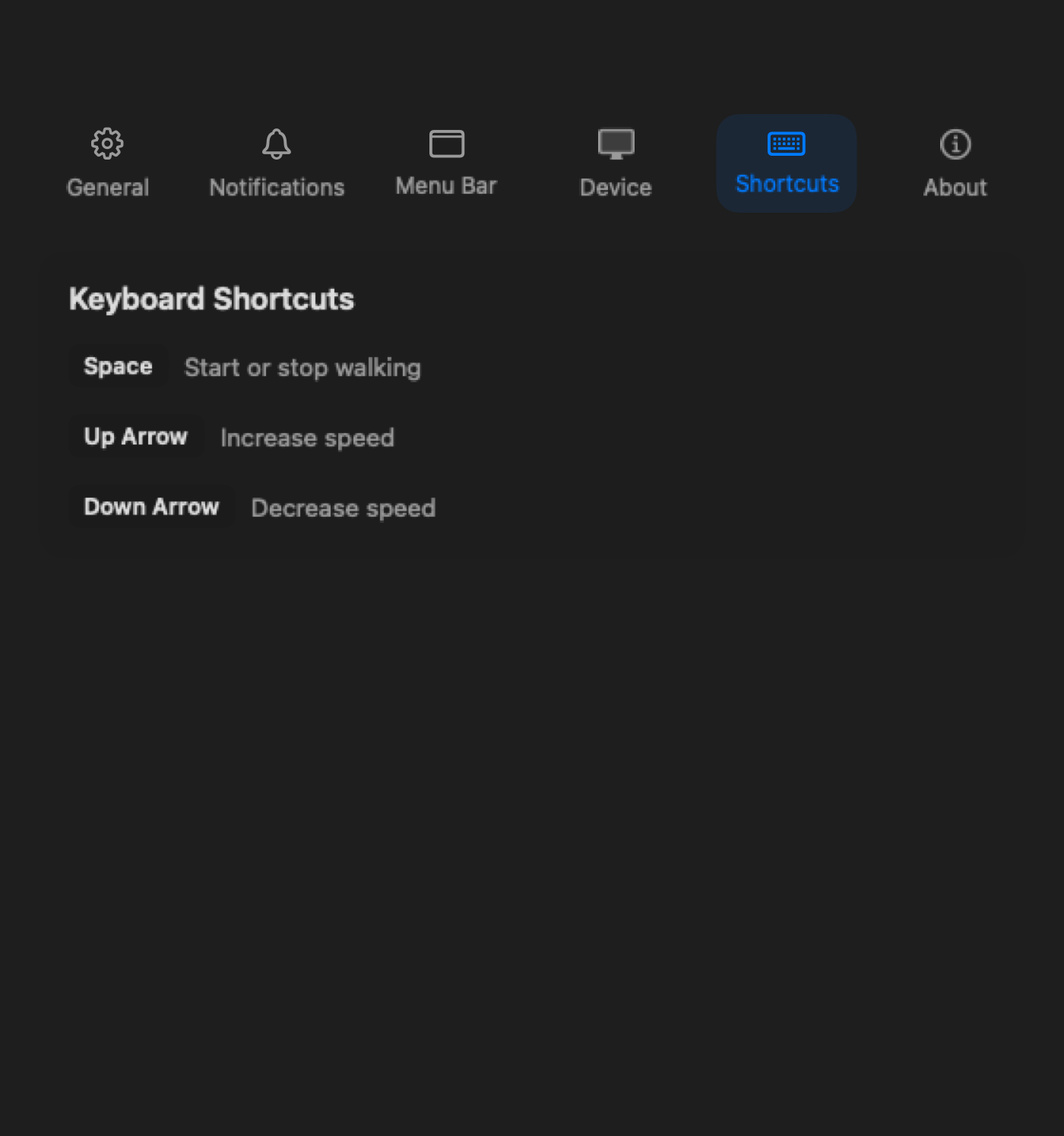 Shortcuts settings screen